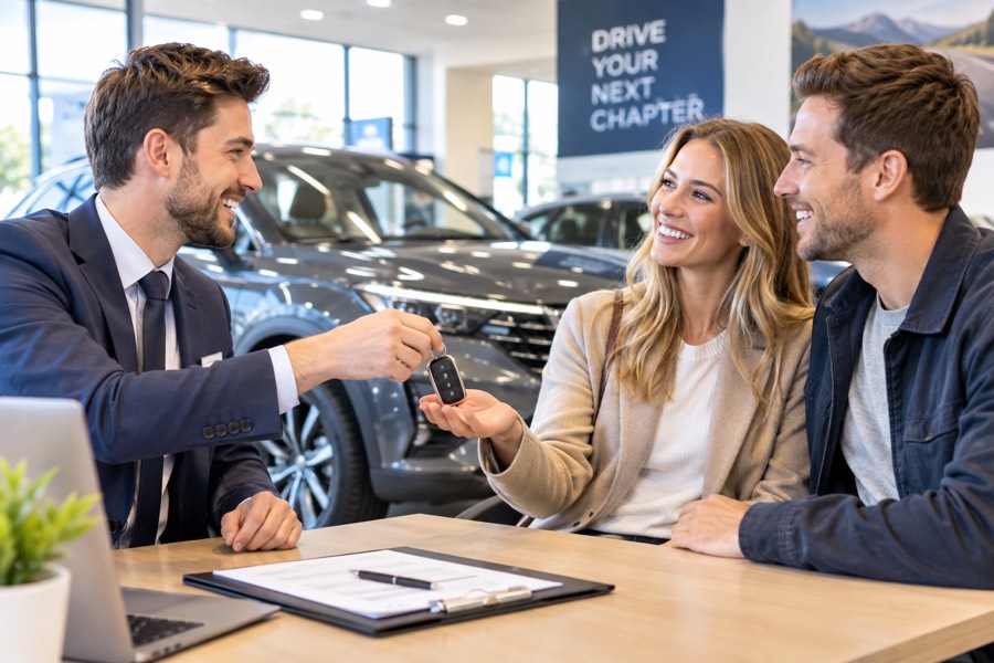 A salesperson in a showroom handing car keys to a smiling couple