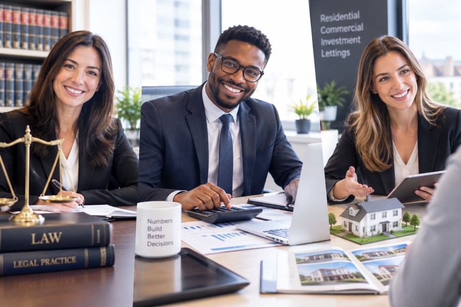 Three professionals at their desks: a solicitor, an accountant and an estate agent